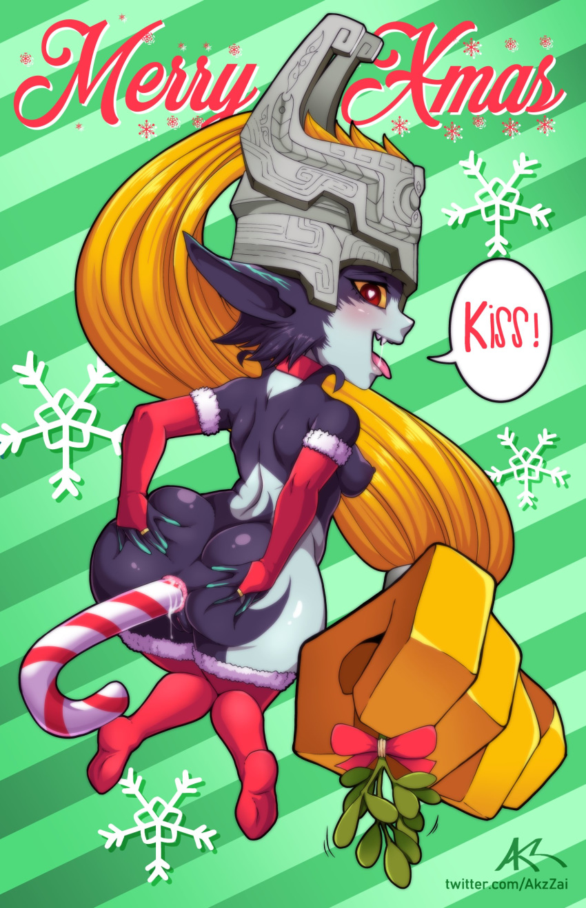 1girl absurdres akazai anal anal_object_insertion anus ass breasts bridal_gauntlets candy candy_cane fangs food from_behind full_body green_background heart heart-shaped_pupils helmet highres imp long_hair looking_at_viewer medium_breasts midna mistletoe monster_girl nintendo nipples object_insertion open_mouth orange_hair pointy_ears pussy red_bridal_gauntlets red_eyes red_legwear saliva smile solo speech_bubble striped striped_background symbol-shaped_pupils the_legend_of_zelda the_legend_of_zelda:_twilight_princess thighhighs tongue tongue_out two-tone_skin very_long_hair yellow_sclera