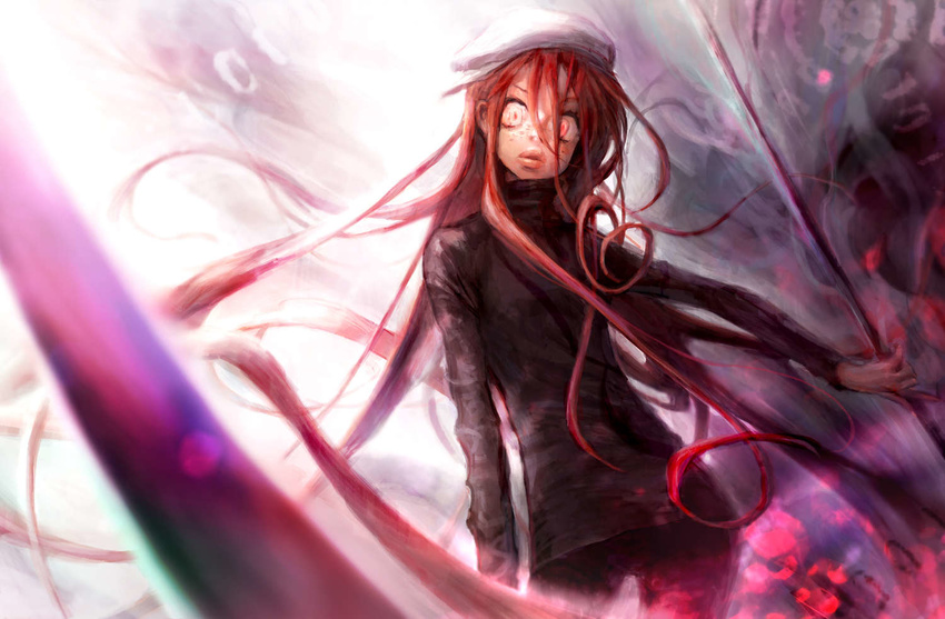 1girl beret female freckles hat hunter_x_hunter kite_(chimera_ant) kite_(hunter_x_hunter) long_hair looking_at_viewer md5_mismatch pullover red_eyes red_hair scythe shon solo spoilers weapon