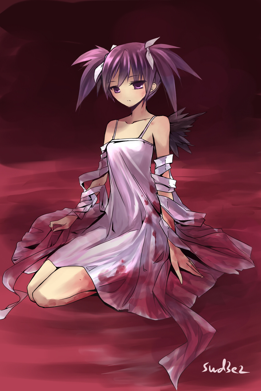 aisha_(elsword) artist_name bad_id bad_pixiv_id bandages blood collarbone dress elsword expressionless highres kneeling no_nose pink_background purple_eyes purple_hair short_hair solo swd3e2 twintails void_princess_(elsword) white_dress wings