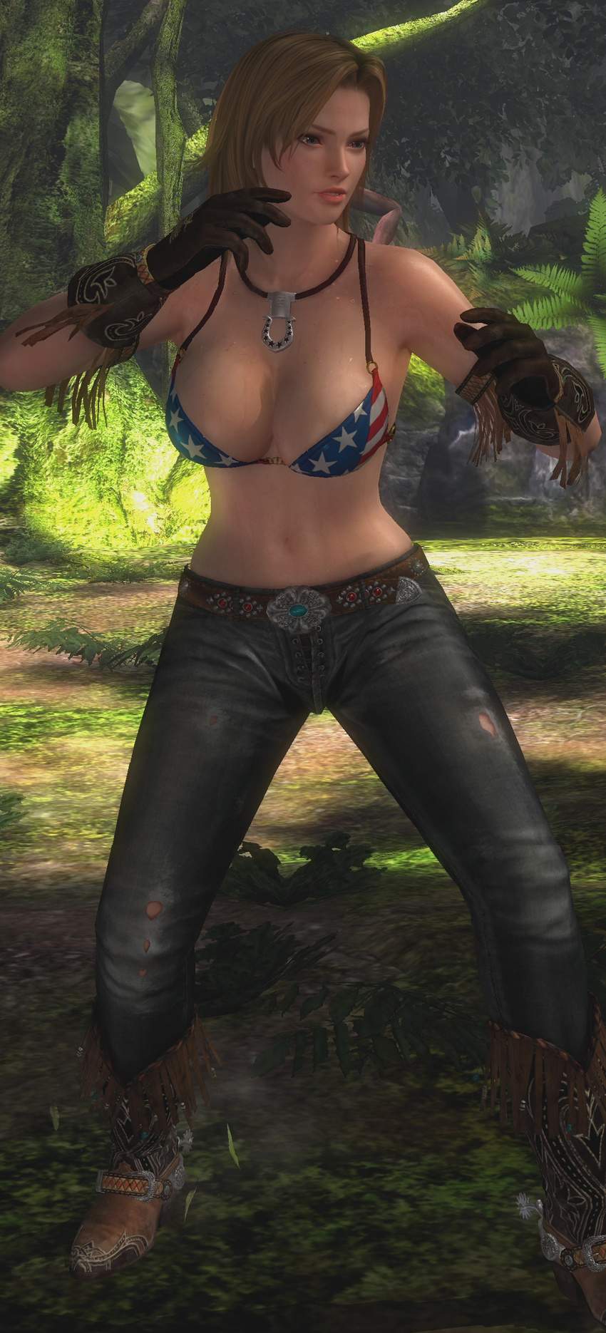 absurdres bikini_top blonde_hair blue_eyes boots breasts cleavage cowboy_boots cowgirl dead_or_alive dead_or_alive_5 denim gloves highres jeans jungle large_breasts nature pants solo spurs tecmo tina_armstrong western wet