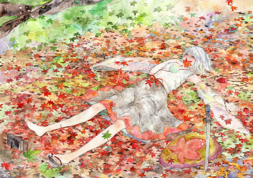 autumn barefoot conose covering_mouth detached_sleeves geta inubashiri_momiji japanese_clothes katana leaf long_skirt lying maple_leaf on_back shield shoes short_hair single_shoe skirt solo sword touhou traditional_media watercolor_(medium) weapon white_hair wide_sleeves