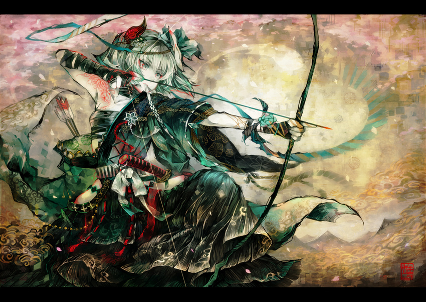 aiming alternate_costume arrow bandages bow_(weapon) collarbone drawing_bow hadanugi_dousa hair_ornament hairband holding holding_arrow holding_bow_(weapon) holding_weapon katana konpaku_youmu konpaku_youmu_(ghost) letterboxed outstretched_arm quiver sarashi shigaraki_(strobe_blue) short_hair silver_eyes silver_hair solo sword touhou weapon