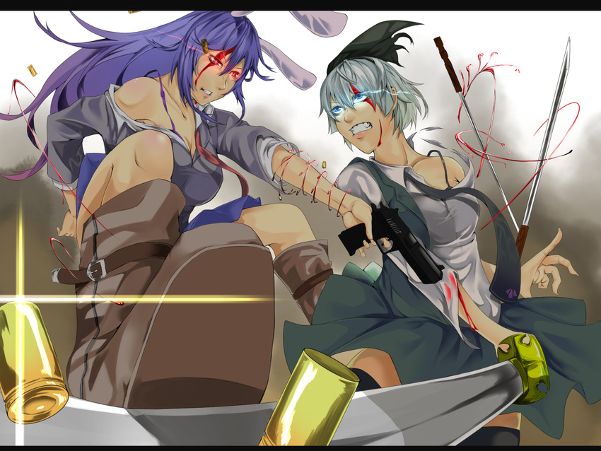 bad_id bad_pixiv_id bare_shoulders battle black_bra blood blue_eyes boots bra bullet duel glowing glowing_eyes gun hairband handgun hitotose_hirune katana konpaku_youmu lavender_hair long_hair multiple_girls pistol purple_bra red_eyes reisen_udongein_inaba short_hair silver_hair sword thighhighs torn_clothes touhou underwear very_long_hair weapon