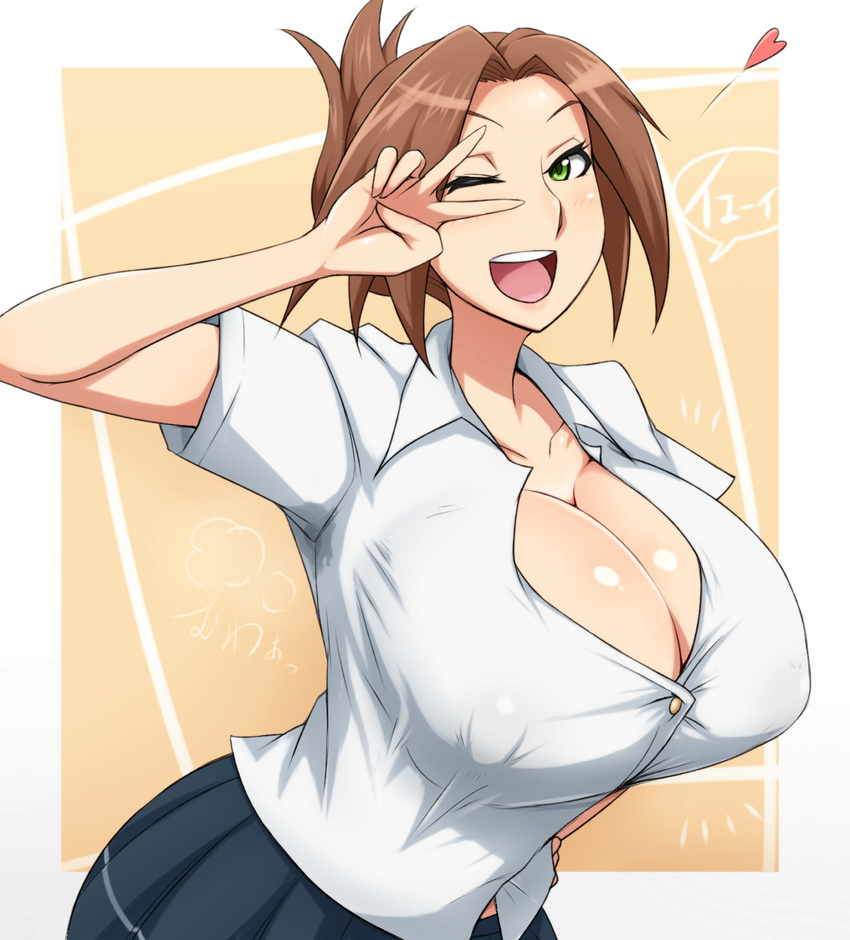 breasts brown_hair cleavage green_eyes highres huge_breasts looking_at_viewer mumumu_(three_emu) open_mouth original smell solo v