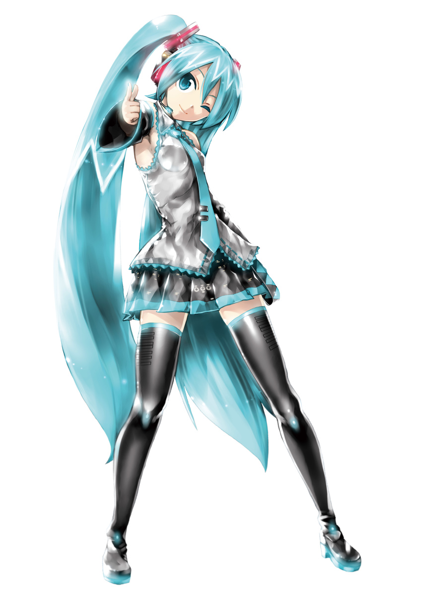 1girl absurdres aqua_eyes aqua_hair boots detached_sleeves full_body hatsune_miku highres kei_(keigarou) long_hair necktie official_art one_eye_closed simple_background skirt smile solo standing thigh_boots thighhighs twintails very_long_hair vocaloid white_background