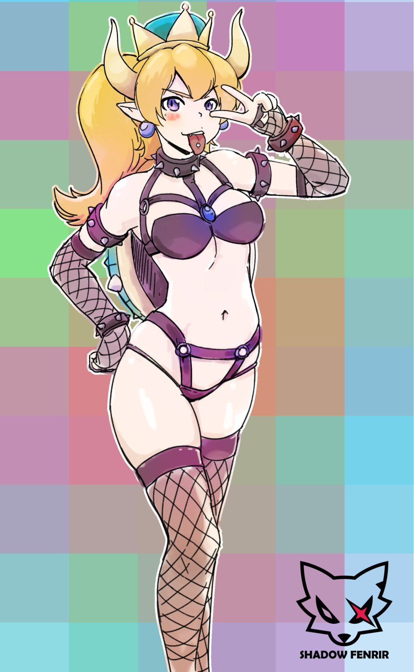 absurd_res alternate_species animal_humanoid bikini bowser bowsette_meme clothed clothing collar crown female fishnet hi_res horn humanoid humanoidized koopa lingerie looking_at_viewer mario_bros navel nintendo piercing scalie shadowfenrirart shell skimpy solo spikes super_crown swimsuit tongue tongue_out tongue_piercing video_games