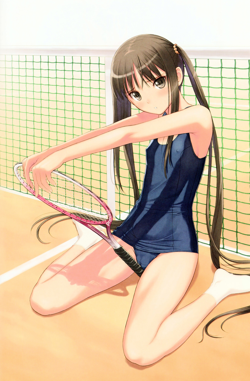 absurdres bare_shoulders brown_eyes brown_hair cameltoe covered_nipples fault!! flat_chest highres legs long_hair long_legs looking_at_viewer one-piece_swimsuit parted_lips petite racket scan school_swimsuit sitting socks solo sugiyama_mio swimsuit tanaka_takayuki tennis_net tennis_racket thighs twintails very_long_hair wariza white_legwear