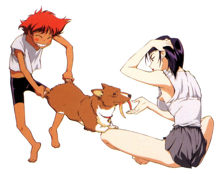 androgynous artist_request barefoot bike_shorts blush_stickers breasts cowboy_bebop dog edward_wong_hau_pepelu_tivrusky_iv ein_(cowboy_bebop) faye_valentine hairband medium_breasts multiple_girls purple_hair red_hair reverse_trap scan short_hair sideboob smile tomboy welsh_corgi