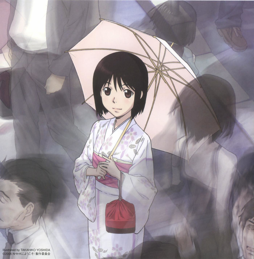 back bag bangs black_hair bob_cut camisole closed_eyes flat_chest floral_print highres japanese_clothes kimono motion_blur nakahara_misaki necktie nhk_ni_youkoso! obi official_art open_mouth purple_eyes sash scan shoes short_hair smile sneakers solo_focus standing umbrella walking yoshida_takahiko