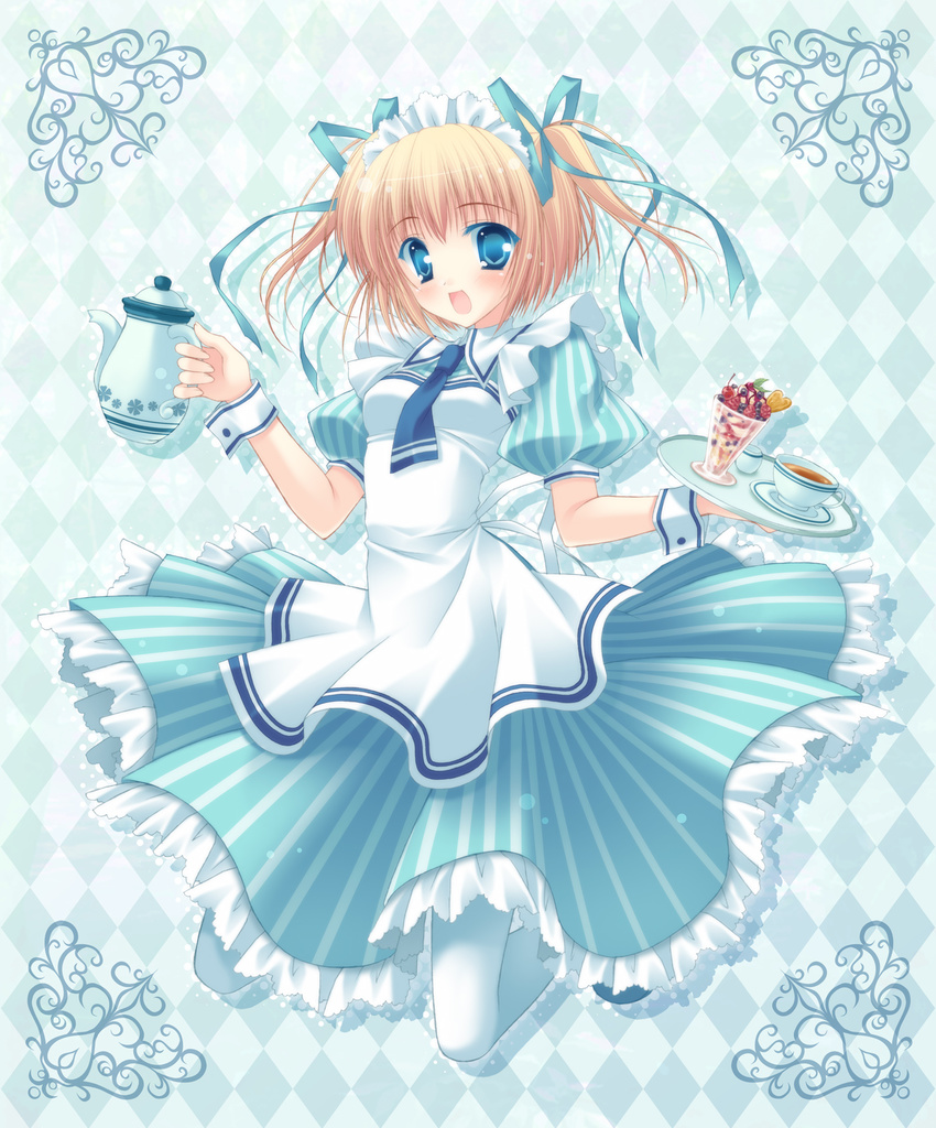 bad_id bad_pixiv_id blonde_hair blue_eyes checkered hair_ribbon highres original ribbon short_hair solo takano_yuki_(allegro_mistic) teapot tray twintails waitress wrist_cuffs