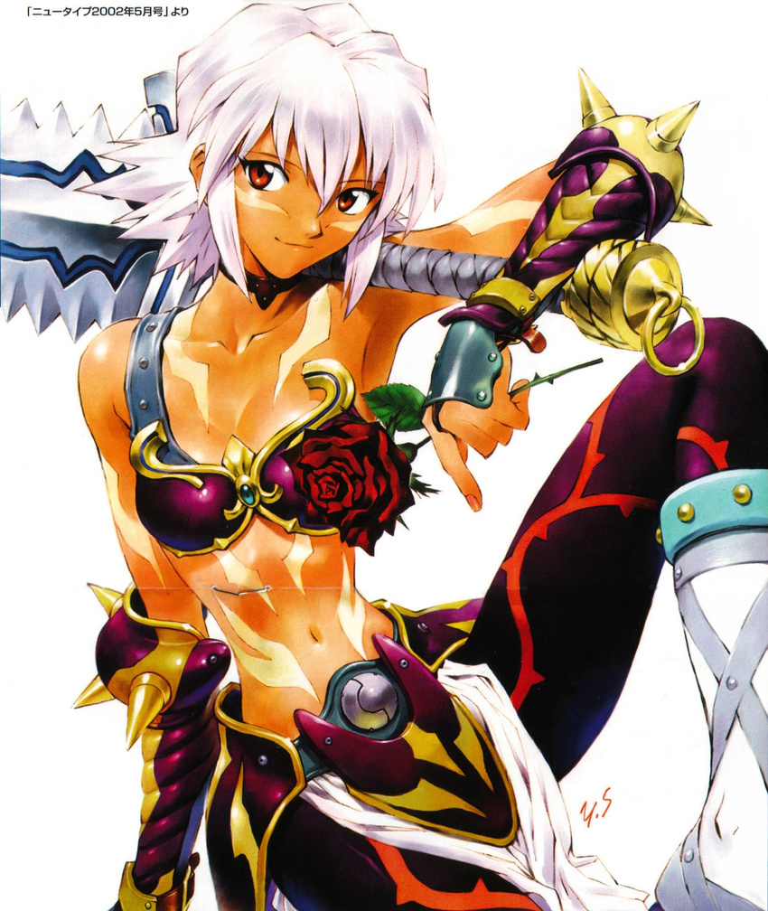 .hack//games 1girl armor black_rose_(.hack//) bra choker dark_skin fixme flower gauntlets highres lingerie loincloth midriff non-web_source pantyhose pink_hair red_eyes rose sadamoto_yoshiyuki scan short_hair smile solo sword translated underwear weapon