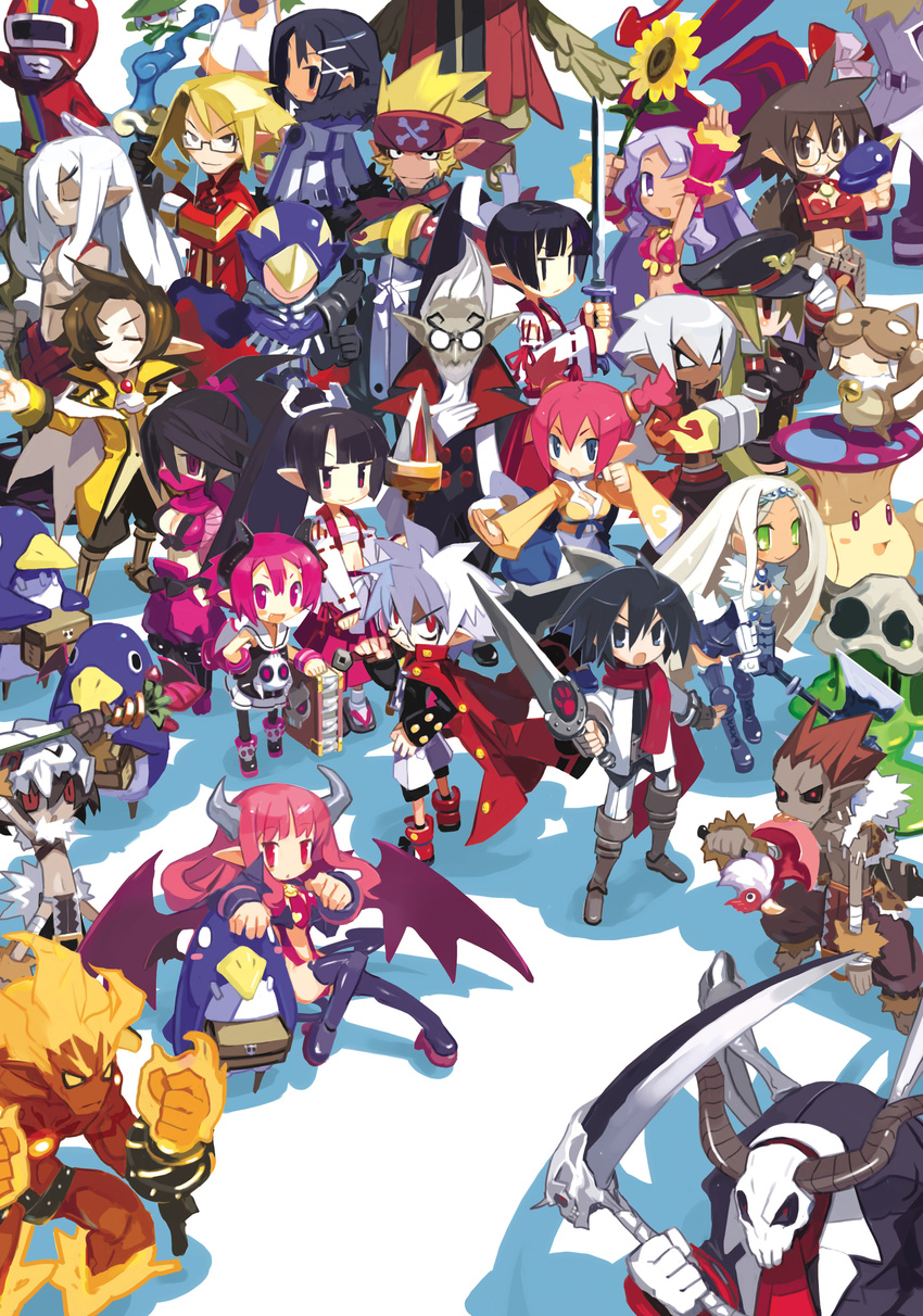 6+girls absurdres akutare_(disgaea) almaz_von_almadine_adamant archer_(disgaea) asagiri_asagi asuka_cranekick aurum_(disgaea) berserker_(disgaea) cheerleader_(disgaea) company_connection demon_girl disgaea eringya_(marl_kingdom) everyone female_brawler_(disgaea) fire_demon_(disgaea) geoffrey_(disgaea) glasses gunslinger_(disgaea) harada_takehito highres horns kyoko_needleworker makai_senki_disgaea_3 male_brawler_(disgaea) male_focus male_healer_(disgaea) mao_(disgaea) marl_kingdom marona_(phantom_brave) masked_hero_(disgaea) master_big_star mr._champloo multiple_boys multiple_girls nippon_ichi official_art open_mouth phantom_brave prinny prism_red ranger_(disgaea) raspberyl reaper_(disgaea) red_eyes ronin_(disgaea) saber_kitty_(disgaea) sailor_collar salvatore_(disgaea) sapphire_rhodonite scan shaman_(disgaea) slime_(disgaea) smile succubus succubus_(disgaea) white_sailor_collar