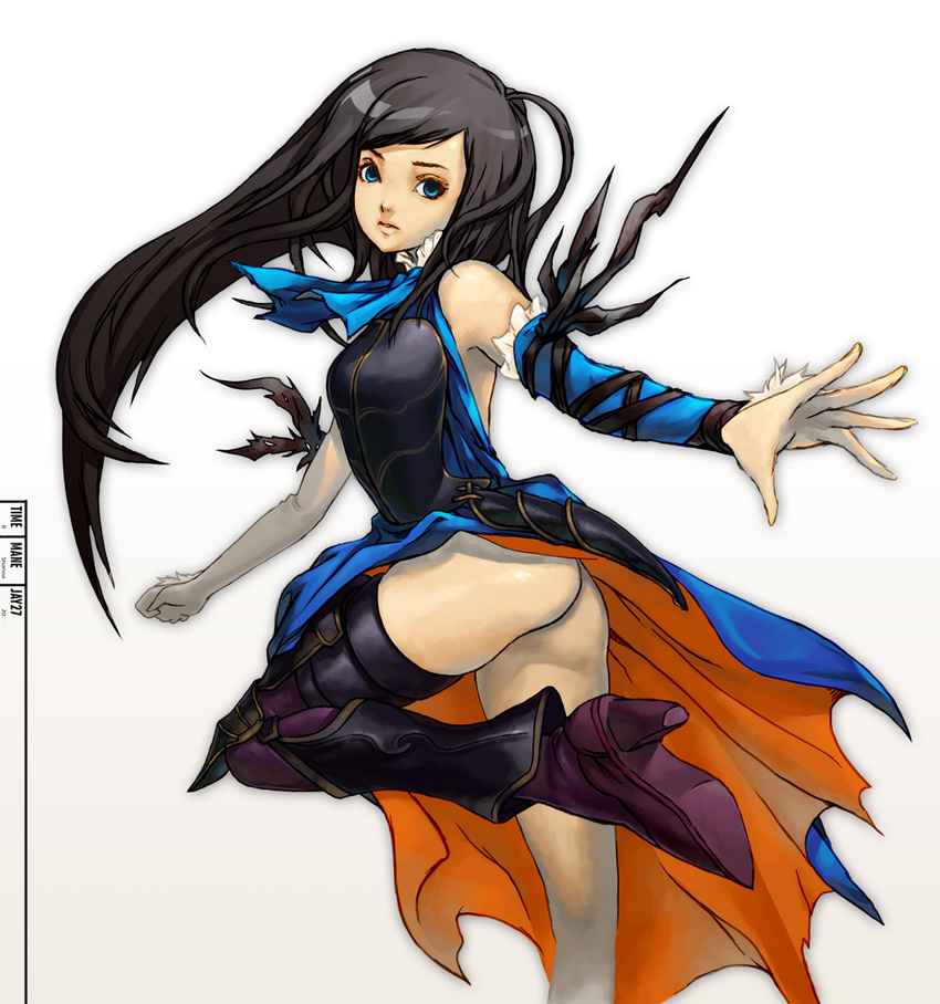 ass bare_shoulders black_hair blue_eyes boots castlevania castlevania:_order_of_ecclesia high_heels highres jay27 long_hair shanoa shoes solo thighhighs twisted_torso