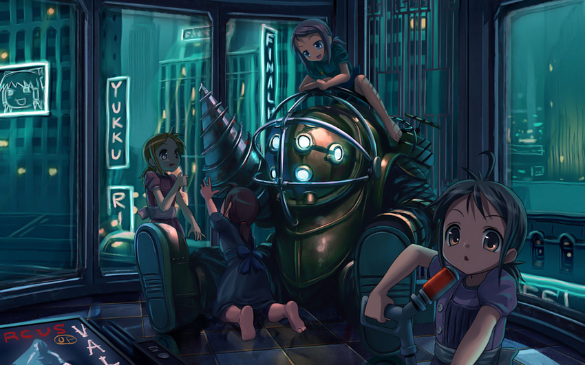 art_deco barefoot big_daddy big_daddy_(bioshock) bioshock child cute feet female hakurei_reimu little_sister little_sister_(bioshock) little_sisters patorishia touhou yukkuri_shiteitte_ne