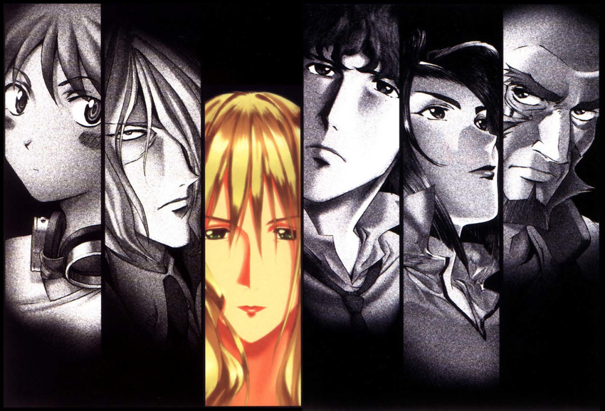 3girls blonde_hair blush cowboy_bebop edward_wong_hau_pepelu_tivrusky_iv faye_valentine goggles green_eyes hairband highres jet_black julia_(cowboy_bebop) multiple_boys multiple_girls necktie spike_spiegel vicious_(cowboy_bebop)