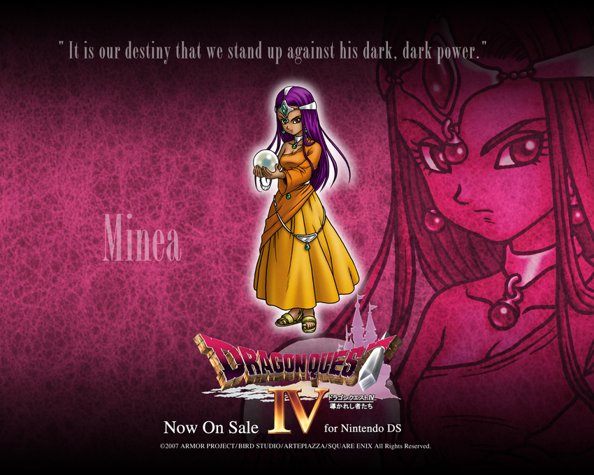 2007 character_name copyright_name crystal_ball dragon_quest dragon_quest_iv dress earrings english hat jewelry logo minea official_art purple_background purple_hair sandals solo source_quote toriyama_akira wallpaper yellow_dress
