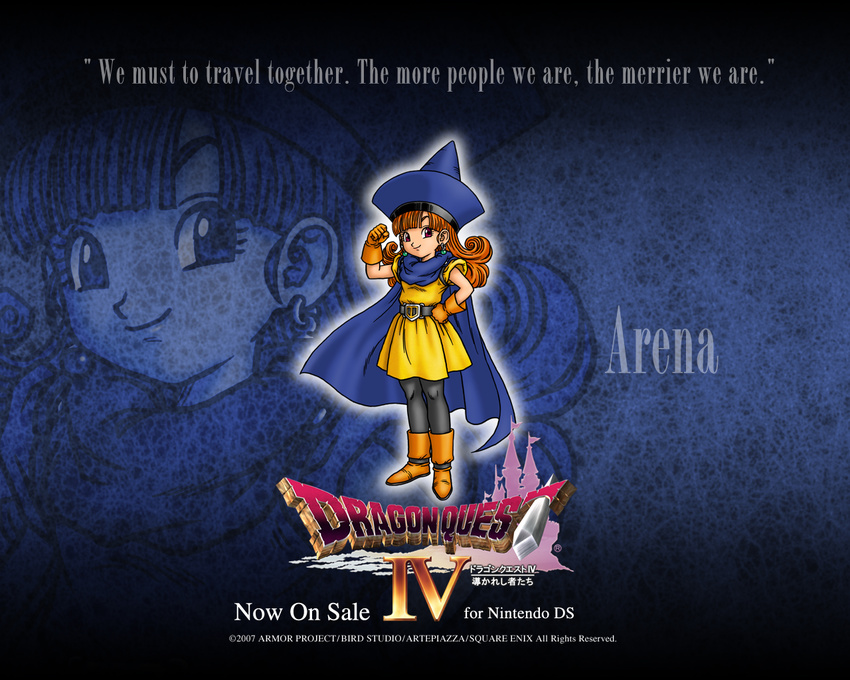 2007 alena_(dq4) boots cape character_name copyright_name dragon_quest dragon_quest_iv english gloves hat logo official_art orange_hair pantyhose skirt solo source_quote toriyama_akira wallpaper yellow_skirt
