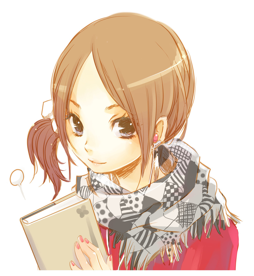 book brown_eyes brown_hair checkered checkered_scarf commentary_request fringe_trim gin_(oyoyo) highres holding light_smile looking_at_viewer nail_polish original pale_color print_scarf red_nails scarf side_ponytail simple_background solo upper_body white_background