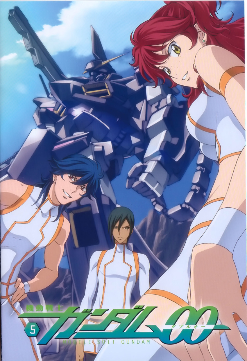 2boys artist_request brother_and_sister brothers freckles gundam gundam_00 highres johann_trinity long_hair mecha michael_trinity midriff multiple_boys nena_trinity red_hair scan shorts siblings thighhighs yellow_eyes zettai_ryouiki