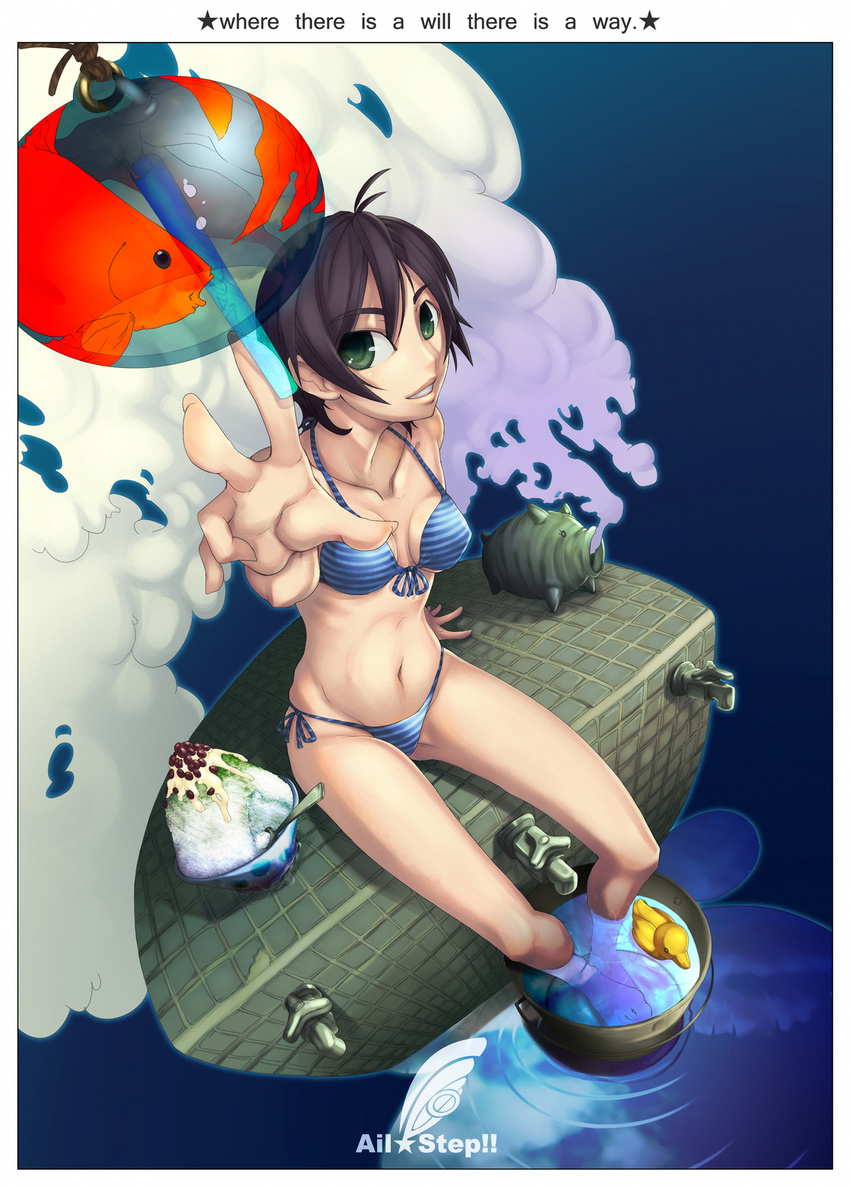 ayaki bikini black_hair green_eyes highres incense kayari_buta legs midriff navel original rubber_duck shaved_ice short_hair side-tie_bikini sitting soaking_feet solo striped striped_bikini swimsuit water wind_chime