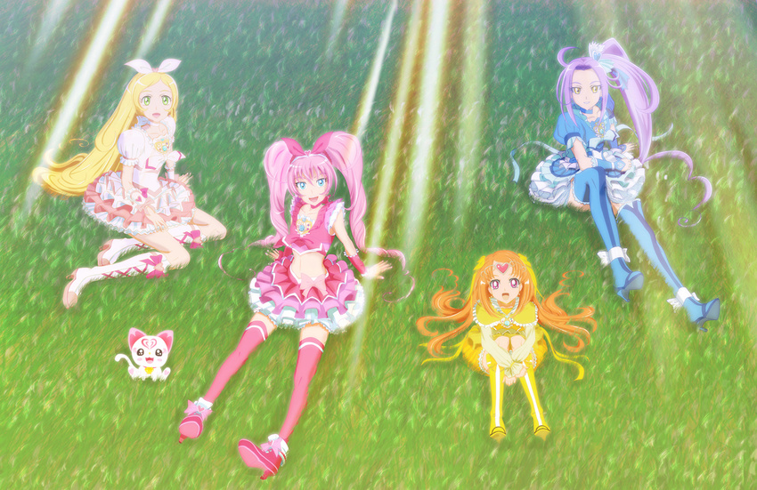 atsuman_(hogumogu25) blue_choker blue_footwear blush boots bow choker cure_beat cure_melody cure_muse_(yellow) cure_rhythm grass houjou_hibiki hummy_(suite_precure) knee_boots kurokawa_eren long_hair looking_at_viewer magical_girl minamino_kanade multiple_girls open_mouth pink_bow pink_choker precure seiren_(suite_precure) shirabe_ako sitting smile suite_precure thigh_boots thighhighs twintails white_choker yellow_bow