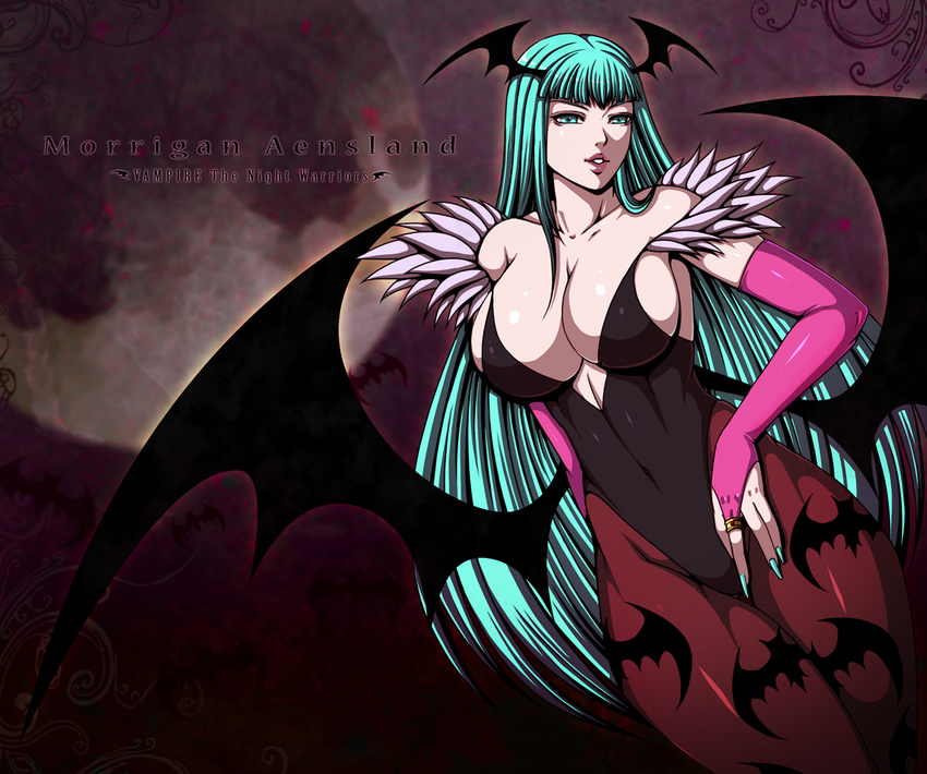 animal_print bare_shoulders bat_print bat_wings breasts bridal_gauntlets character_name cleavage collarbone demon_girl elbow_gloves english fingernails gloves green_eyes green_hair head_wings large_breasts leotard long_hair momoman_(pink_voltage) morrigan_aensland pantyhose print_legwear solo succubus vampire_(game) very_long_hair wings