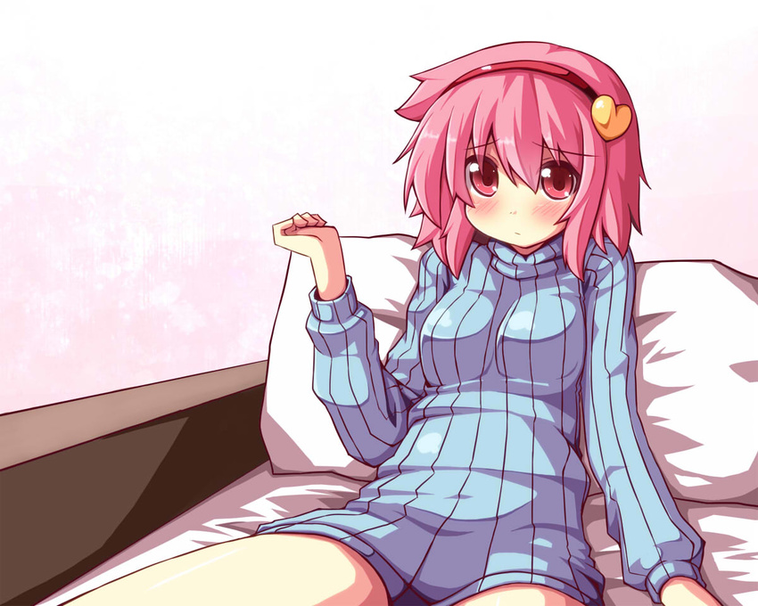 bed blush breasts hairband heart komeiji_satori medium_breasts naked_sweater ominaeshi_(takenoko) pillow pink_eyes pink_hair ribbed_sweater short_hair simple_background sitting solo sweater touhou white_background