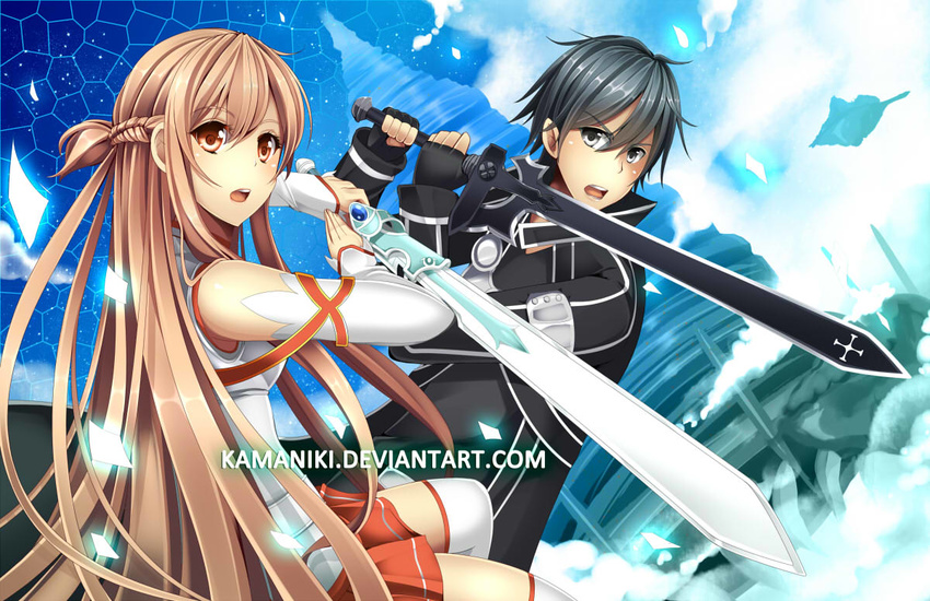 1girl aincrad asuna_(sao) black_eyes black_hair braid brown_eyes brown_hair detached_sleeves fingerless_gloves gloves kamaniki kirito long_hair open_mouth short_hair sword sword_art_online thighhighs watermark weapon web_address