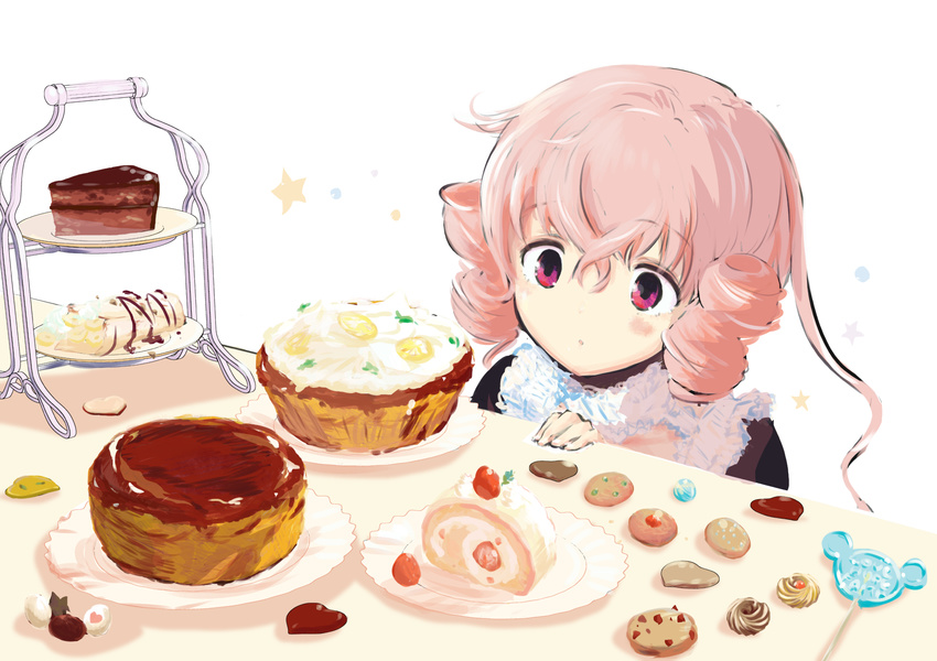 blush cake candy cherry chocolate cookie food fruit heart highres lollipop omiomi_kekyu pink_eyes shaped_lollipop sister_honey_biscuit slice_of_cake solo star tiered_tray