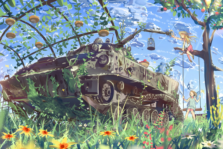 apple bird birdcage blonde_hair bmd-3 brown_hair bug butterfly cage cloud daito day dress flower food fruit grass ground_vehicle hat insect ivy long_hair military military_vehicle motor_vehicle multiple_girls original outstretched_arm scenery side_ponytail skirt sky swing tank tree