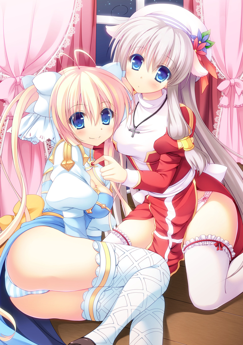 absurdres animal_ears antenna_hair archbishop ass blue_eyes blush breasts brown_hair cross cross_necklace curtains dog_ears furukawa_lemon hair_ribbon high_priest highres jewelry kneeling long_hair medium_breasts multiple_girls necklace panties pelvic_curtain pink_panties ragnarok_online ribbon silver_hair smile striped striped_panties thighhighs underwear white_legwear