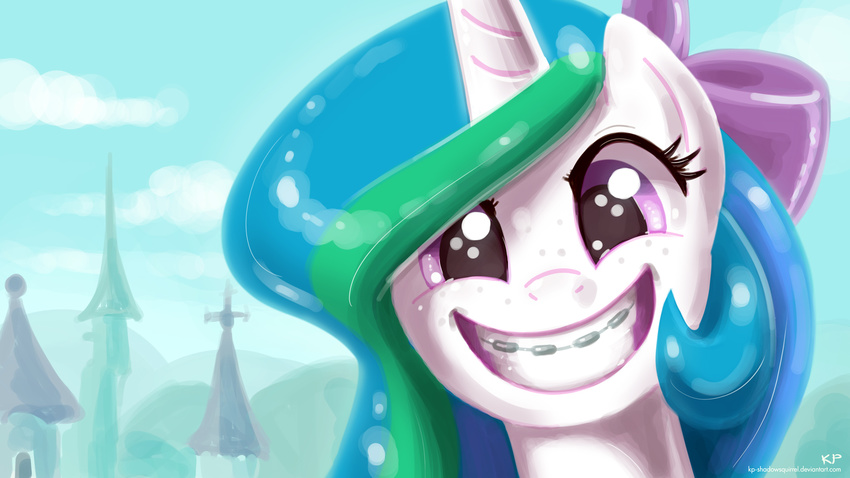 braces building canterlot cloud clouds equine female feral freckles friendship_is_magic hair horse karol_pawlinski kp-shadowsquirrel mammal multi-colored_hair my_little_pony pony portrait princess_celestia_(mlp) purple_eyes sky smile solo