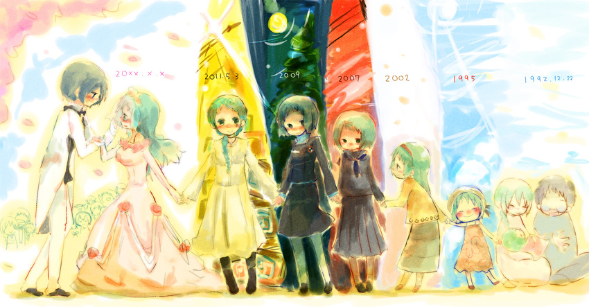 &gt;_&lt; 6+girls :&gt; aegis_(persona) age_progression amada_ken aqua_hair baby bare_shoulders blue_hair braid bridal_veil child closed_eyes couple dog dress hair_ornament hairband hat hetero highres holding_hands iori_junpei kirijou_mitsuru koromaru long_hair looking_at_viewer moriyama_natsuki multiple_boys multiple_girls multiple_persona muro older persona persona_3 persona_4:_the_ultimate_in_mayonaka_arena sanada_akihiko school_uniform short_hair smile takeba_yukari tartarus veil wedding wedding_dress yamagishi_fuuka yuuki_makoto