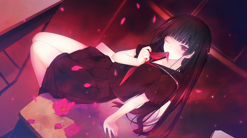 black_hair black_serafuku desk end_card flower from_behind highres kanoe_yuuko long_hair looking_at_viewer mouth_hold non-web_source one_eye_closed petals red_eyes ruroo school_desk school_uniform screencap serafuku sitting skirt solo tasogare_otome_x_amnesia