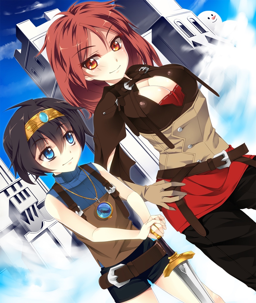 2girls belt black_hair blue_eyes breasts cleavage cleavage_cutout feather feathers highres jewelry multiple_girls nakajou necklace original red_eyes red_hair smile snowman sword weapon