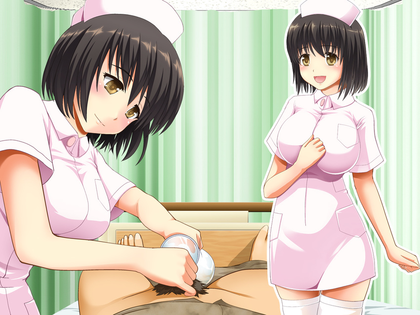 bed black_hair blush breasts cup handjob hat large_breasts lying lying_down mattete_hototogisu nurse penis pubic_hair short_hair smile standing uniform yellow_eyes