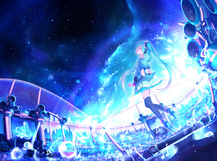 aqua_hair closed_eyes detached_sleeves floating hatsune_miku highres jewelry long_hair magenta_(atyana) musical_note night outdoors skirt sky solo speaker star_(sky) starry_sky thighhighs twintails very_long_hair vocaloid zettai_ryouiki