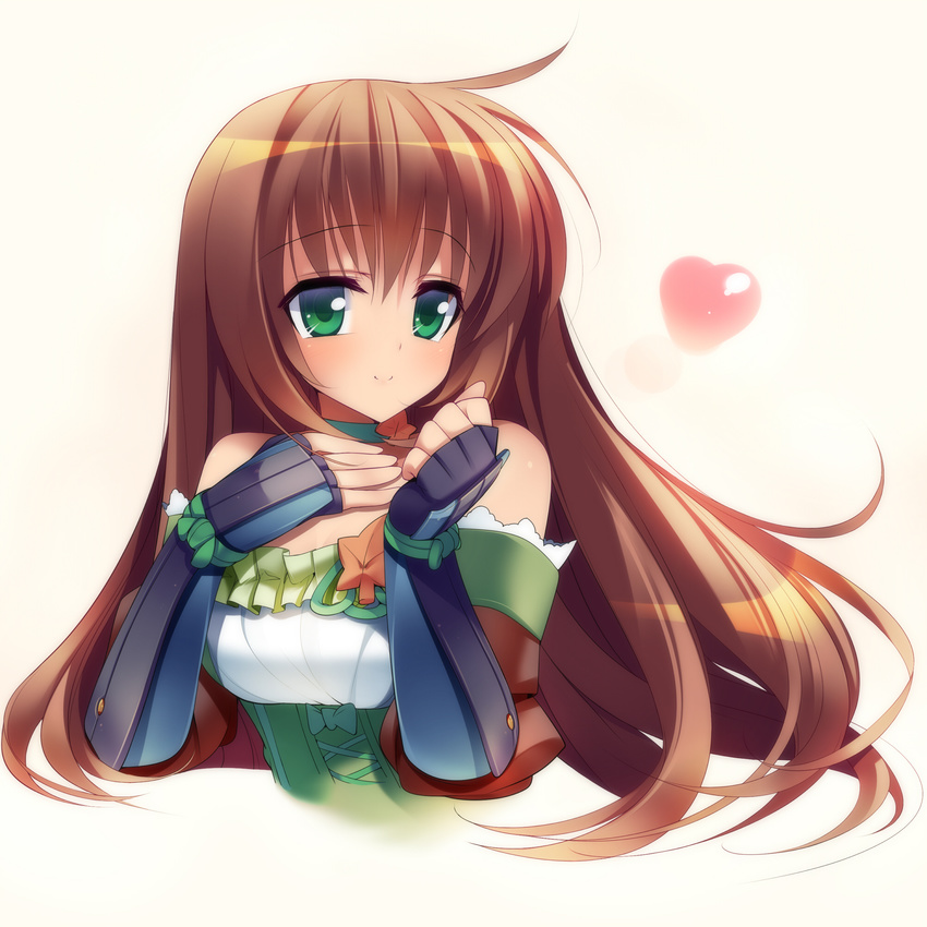 bare_shoulders brown_hair character_request choker corset dragonmaterial fingerless_gloves gauntlets gloves green_eyes heart highres long_hair sengoku_hime smile solo
