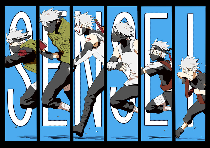 age_progression bandages book boots detached_sleeves fingerless_gloves forehead_protector gloves hatake_kakashi i_(kaiyou) male_focus mask multiple_persona naruto naruto_(series) running silver_hair sword tattoo tears vest weapon younger