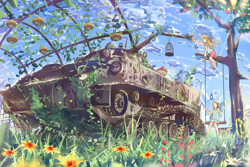 apple bird birdcage blonde_hair bmd-3 brown_hair bug butterfly cage cloud daito day dress flower food fruit grass ground_vehicle hat insect ivy long_hair military military_vehicle motor_vehicle multiple_girls original outstretched_arm revision scenery side_ponytail skirt sky swing tank tree