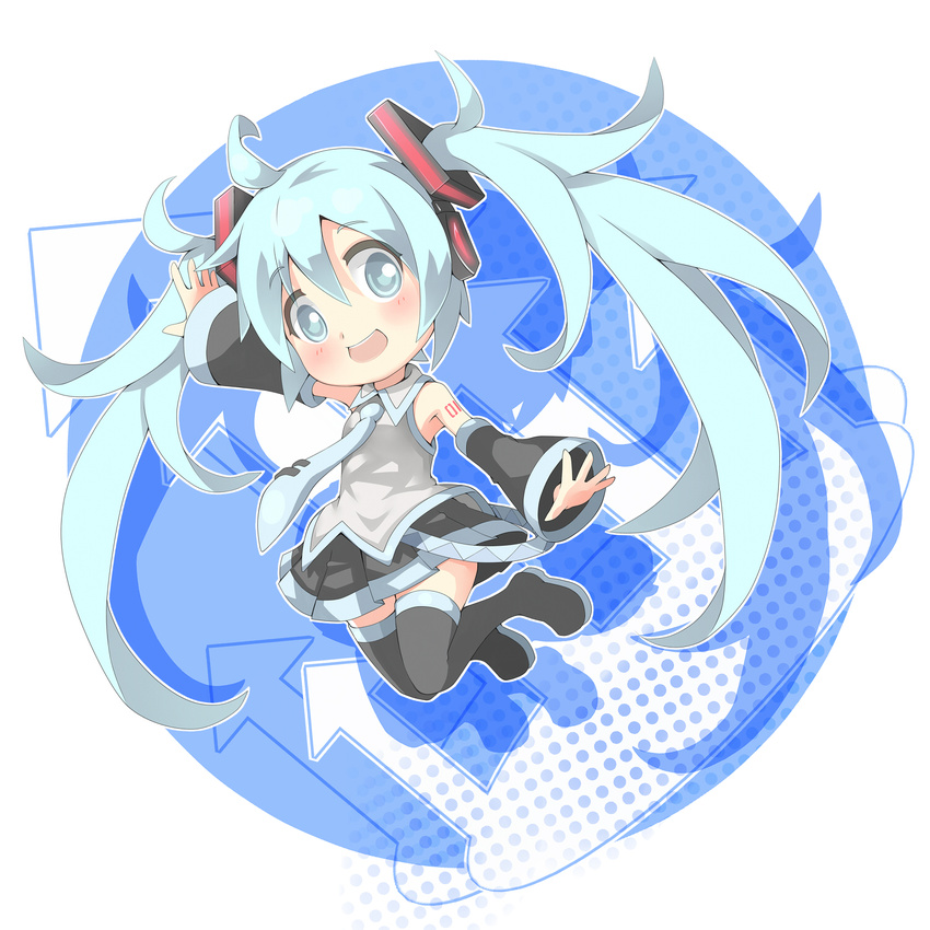 aqua_eyes aqua_hair chibi detached_sleeves hatsune_miku highres jumping long_hair looking_at_viewer necktie open_mouth shiitake_(mm0820) skirt smile solo thighhighs twintails very_long_hair vocaloid