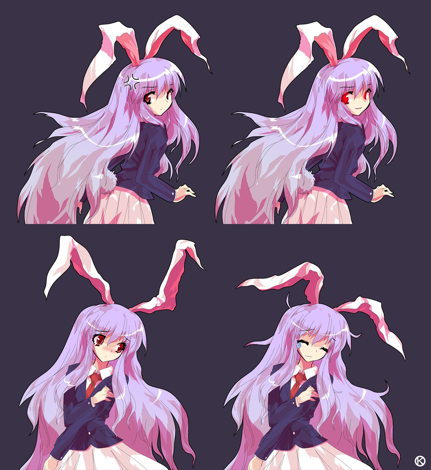 ^_^ alphes_(style) anger_vein animal_ears blazer blouse blush bunny_ears bunny_tail closed_eyes dress_shirt from_behind glowing glowing_eyes highres jacket kaoru_(gensou_yuugen-an) lavender_hair long_hair looking_at_viewer necktie parody red_eyes red_neckwear reisen_udongein_inaba shirt simple_background skirt smile smirk solo style_parody tail tears touhou very_long_hair wavy_mouth