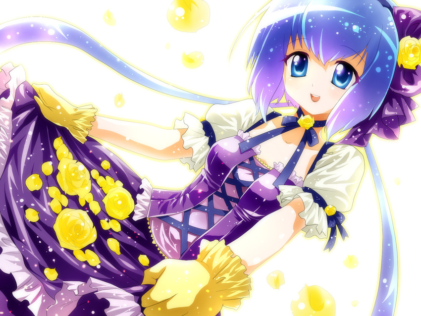 aoki_lapis blue_eyes blue_hair dress flower gloves highres long_hair open_mouth oumi_sanaka petals purple_dress rose smile solo twintails very_long_hair vocaloid yellow_flower yellow_rose