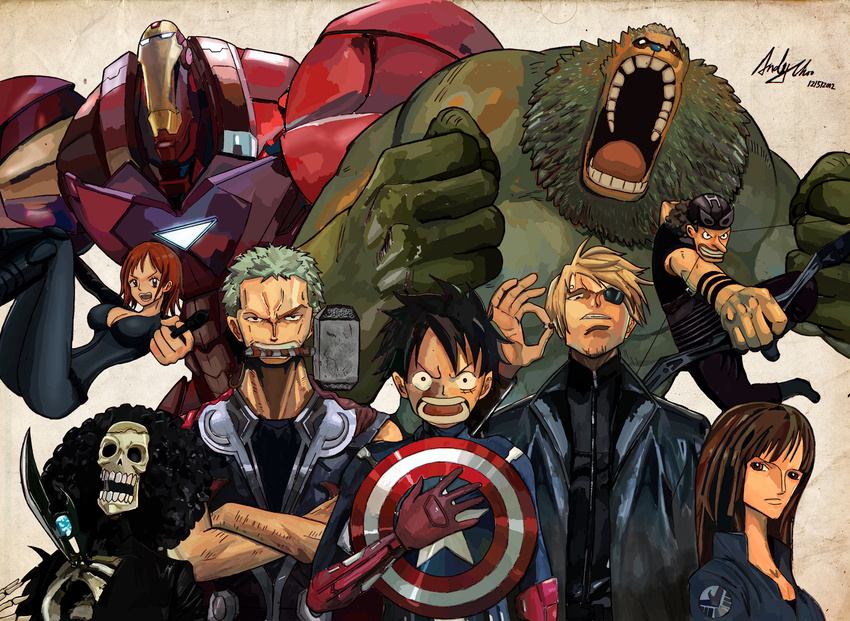 6+boys afro andimoo armor artist_name avengers black_hair black_widow black_widow_(cosplay) blonde_hair bodysuit bow_(weapon) breasts brook cape captain_america captain_america_(cosplay) cigarette cleavage cosplay crossed_arms crossover dated drawing_bow eyepatch franky giant green_hair green_skin gun hammer hawkeye_(marvel) hawkeye_(marvel)_(cosplay) highres holding holding_bow_(weapon) holding_weapon hulk hulk_(cosplay) iron_man iron_man_(cosplay) jacket large_breasts left-handed maria_hill maria_hill_(cosplay) marvel mjolnir monkey_d_luffy mouth_hold multiple_boys multiple_girls nami_(one_piece) nick_fury nick_fury_(cosplay) nico_robin one_piece orange_hair phil_coulson phil_coulson_(cosplay) power_armor roronoa_zoro sanji scar shield short_hair signature skeleton smoking thor_(marvel) thor_(marvel)_(cosplay) tony_tony_chopper usopp weapon