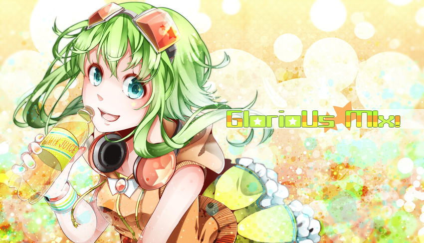 bottle fingernails goggles goggles_on_head green_eyes green_hair gumi headphones headphones_around_neck highres looking_at_viewer nail_polish nou open_mouth short_hair smile soda solo vocaloid