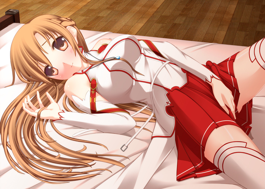 asuna_(sao) blush breasts brown_eyes brown_hair long_hair looking_at_viewer lying medium_breasts on_back skirt smile solo sword_art_online thighhighs umitsubame white_legwear