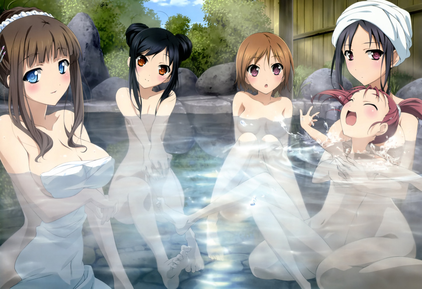 accel_world blood_leopard cleavage kouzuki_yuniko kurasaki_fuuko kurashima_chiyuri kuro_yuki_hime nyantype onsen towel water