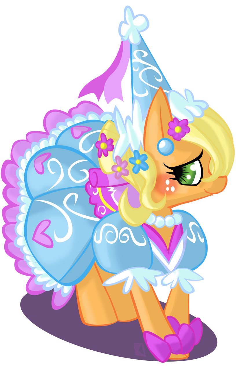 applejack_(mlp) blonde_hair blush dress ear_piercing equine fauxsquared female feral flower friendship_is_magic green_eyes hair horse looking_at_viewer mammal my_little_pony necklace piercing plain_background pony smile solo white_background