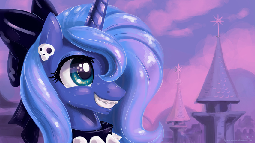 braces collar ear_piercing equine female feral freckles friendship_is_magic hair_bow hairclip horn horse karol_pawlinski mammal my_little_pony palace piercing pony portrait princess princess_luna_(mlp) royalty skull solo spiked_collar studded_collar studds studs winged_unicorn wings
