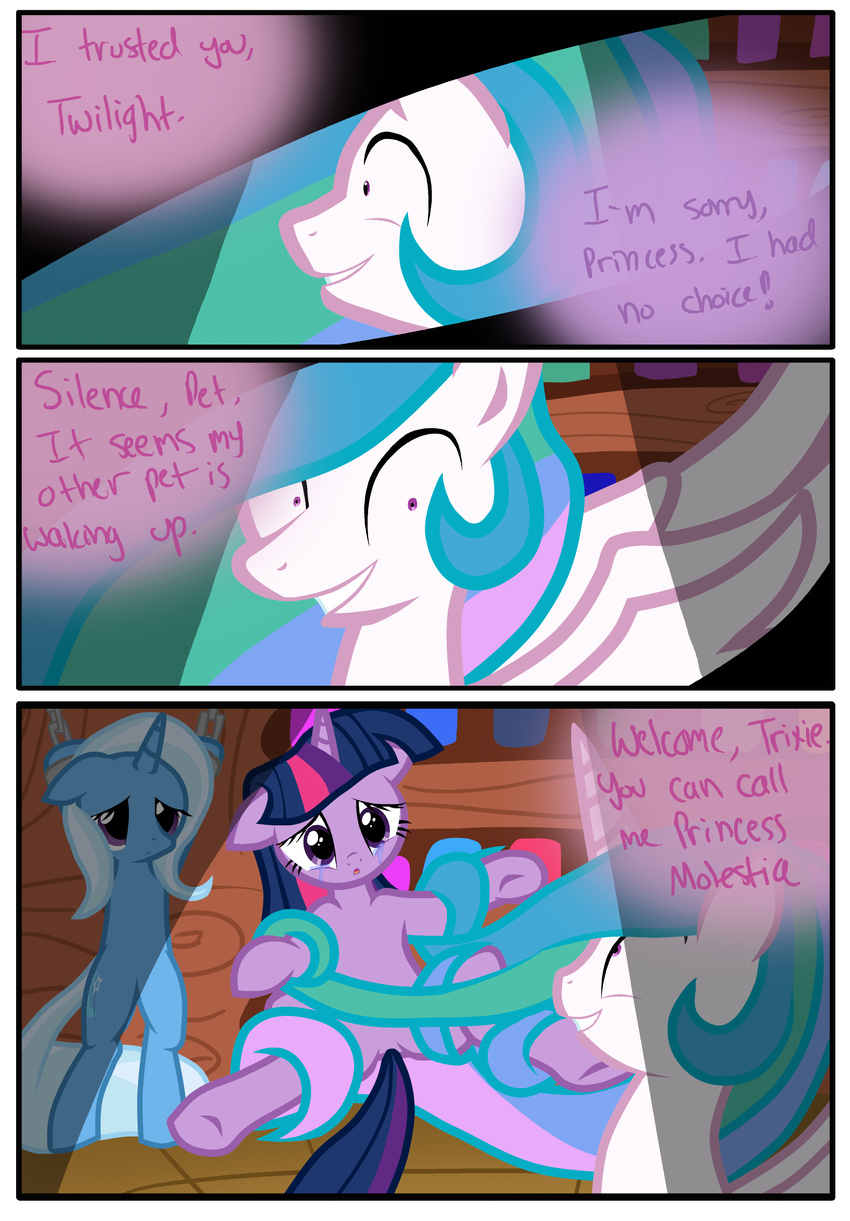 comic cutie_mark dialog dialogue english_text equine female feral friendship_is_magic group hair horn horse lesbian long_hair mammal multi-colored_hair my_little_pony pony princess_celestia_(mlp) purple_eyes pyruvate rape_face restrained royalty smile text trixie_(mlp) twilight_sparkle_(mlp) two_tone_hair unicorn winged_unicorn wings